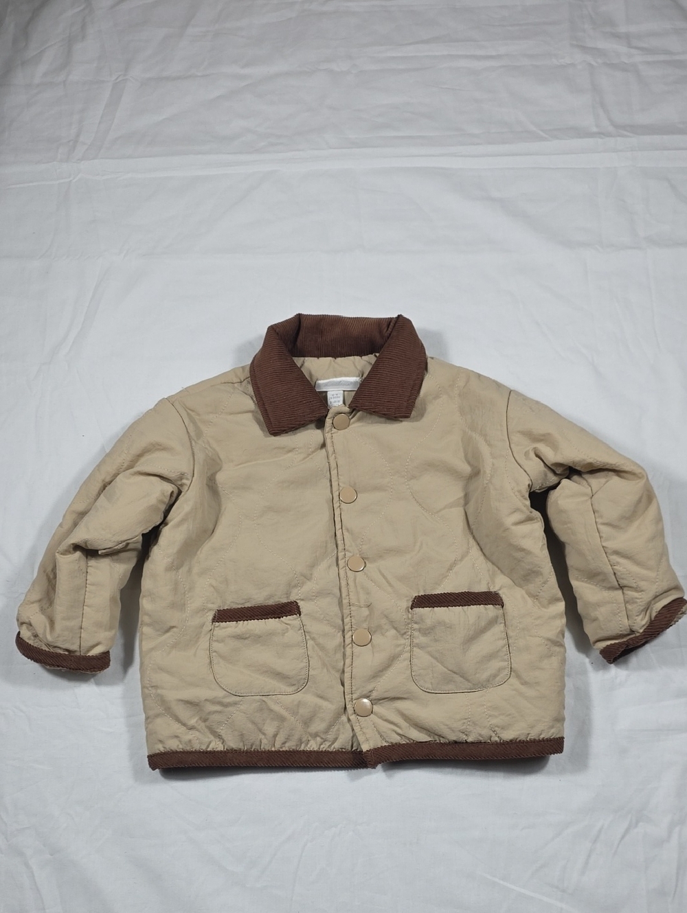 Kids Beige Puffer Jacket with Brown Cord Collar